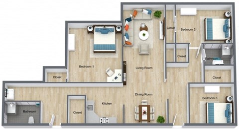 A floor plan of a house with three bedrooms, a living room, a dining room, a kitchen, and two bathrooms.